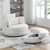 39"W Oversized Swivel Chair with Moon Storage Ottoman, 4 Pillows - Teddy Fabric White
