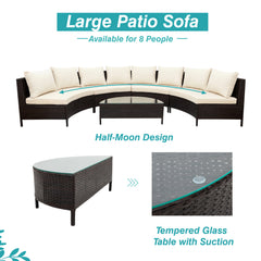 5 Pieces All-Weather Brown Rattan Sofa Set Outdoor Patio with Tempered Glass Table - Beige
