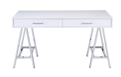 Contemporary Built-in USB Port Writing Desk - White High Gloss & Chrome Finish