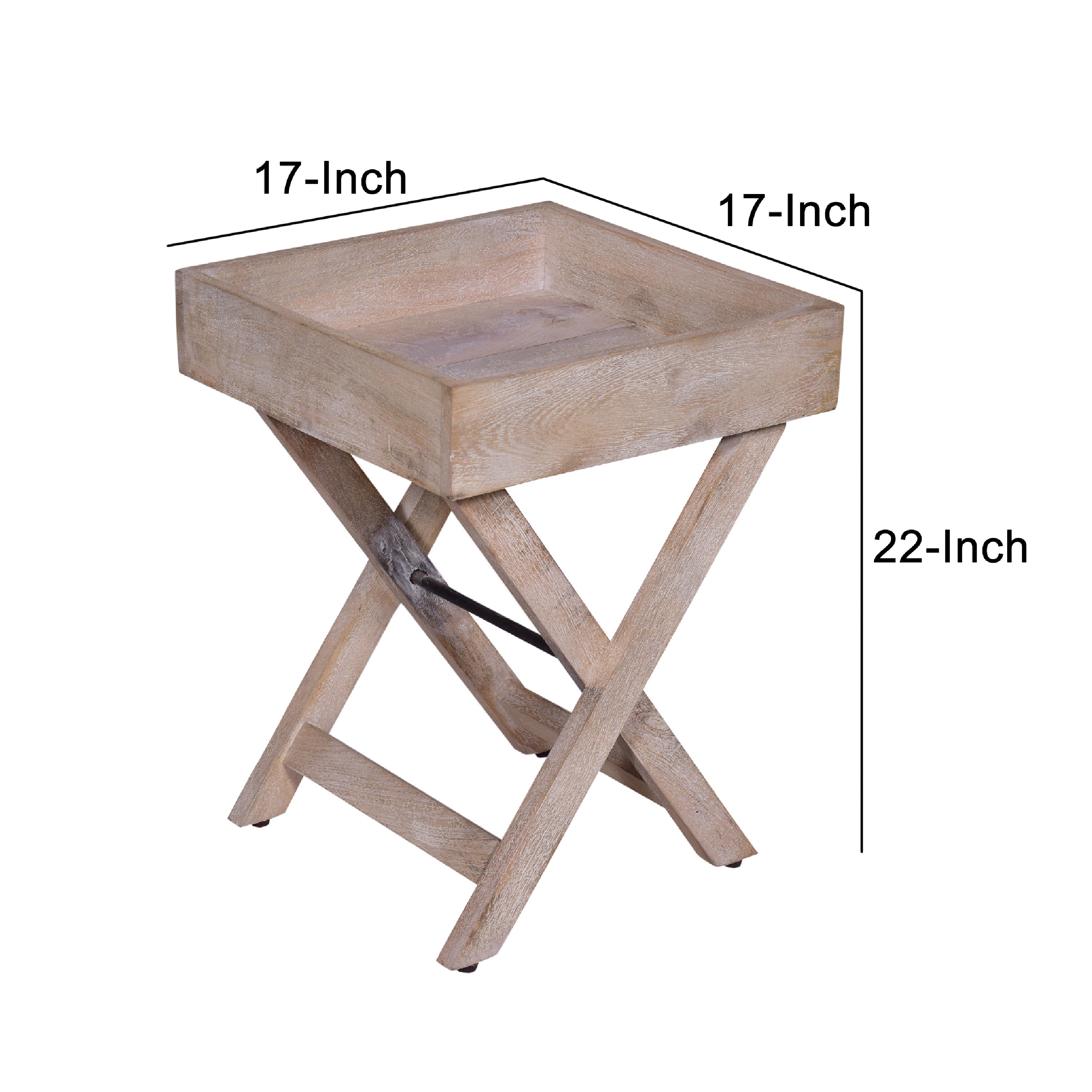 22 Inch Farmhouse Square Tray Top End Table, Mango Wood, X Shape Foldable Frame - Washed White/Natural