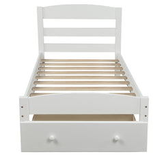 Platform Twin Bed Frame with Storage Drawer and Wood Slat Support No Box Spring Needed - White