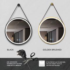 24inch Black Round Frame with Lamp Hanging Bathroom Mirror