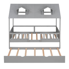 Twin Size House Wood Bed with Twin Size Trundle - Gray
