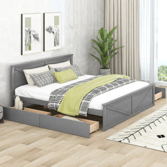 King Size Wooden Platform Bed with Four Storage Drawers and Support Legs - Grey