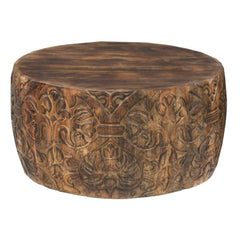 Handcrafted Mango Wood Coffee Table Round Drum Shape - Walnut Brown