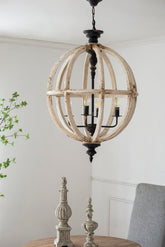 4-Light Farmhouse Chandelier, Wood Chandelier Globe Hanging Light Fixture with Adjustable Chain