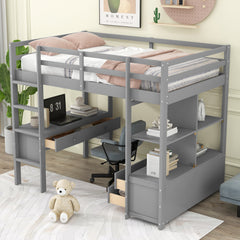Twin Size Loft Bed with Built-in Desk with Two Drawers, and Storage Shelves and Drawers - Gray