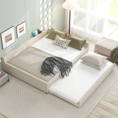 Queen Size Upholstered Platform Bed with USB and Twin Size Trundle - Beige