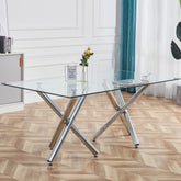 Modern Minimalist Rectangular Glass Dining Table for 6-8 with 0.39" Tempered Glass Tabletop and Silver Chrome Metal Legs