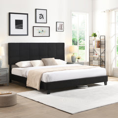 King Size Upholstered Bed Frame, Linen Fabric Headboard - Black