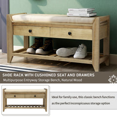Shoe Rack with Cushioned Seat and Drawers, Multipurpose Entryway Storage Bench - Gray Wash