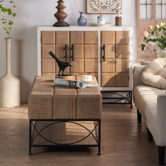 Small Grid Splicing Design Retro Square Coffee Table - Natural