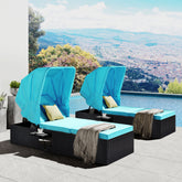 76.8" Long Reclining Single Chaise Lounge with Cushions, Canopy and Cup Table (Set of 2) - Black Wicker + Blue Cushion