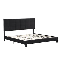King Size Upholstered Bed Frame, Linen Fabric Headboard - Black