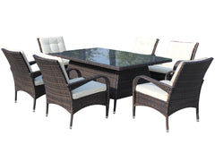 Patio 7-Piece Rectangular Dining Set with 6 Dining Chairs - Brown & Beige Cushion
