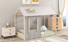 Twin Size House Platform with Roof and Window - Antique Grey+Antique White