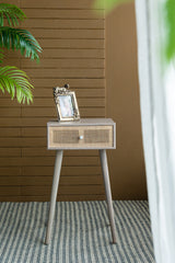 27"Tall Storage Cabinet with Natural Rattan Decorated Drawer Bedside Console Table with Grey Finished Surface