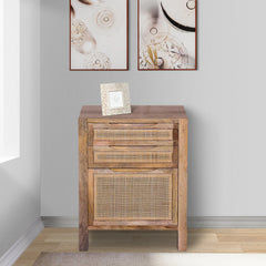 31 Inch Cottage Mango Wood Storage Cabinet Table, Cane Rattan Panels, 3 Drawers - Natural Brown