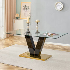Large Modern Glass Dining Table for 6-8 with 0.4" Tempered Glass Tabletop and MDF slab V-Shaped Bracket and Metal Base