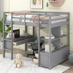 Twin Size Loft Bed with Built-in Desk with Two Drawers, and Storage Shelves and Drawers - Gray