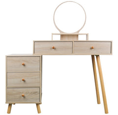 Makeup Vanity Table with Cushioned Stool, 5 Drawers, Large Round Mirror (31.5"-43.2“Lx15.8”Wx48.1”H) - Barnwood