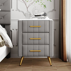 Upholstered Wooden Nightstand with 3 Drawers, Table with Marbling Worktop - Gray