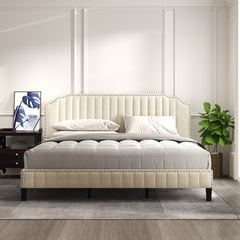 King Size Modern Linen Curved Upholstered Platform Bed - Cream