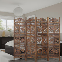 Hand Carved Sun And Moon Design Foldable 4 Panel Wooden Room Divider - Brown