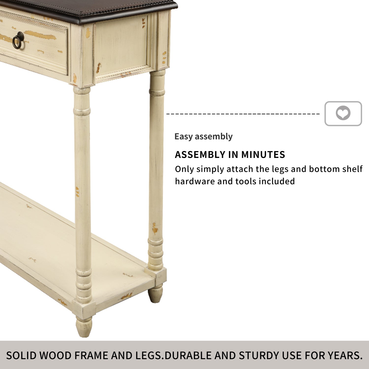Beige console table with extended shelf and drawers