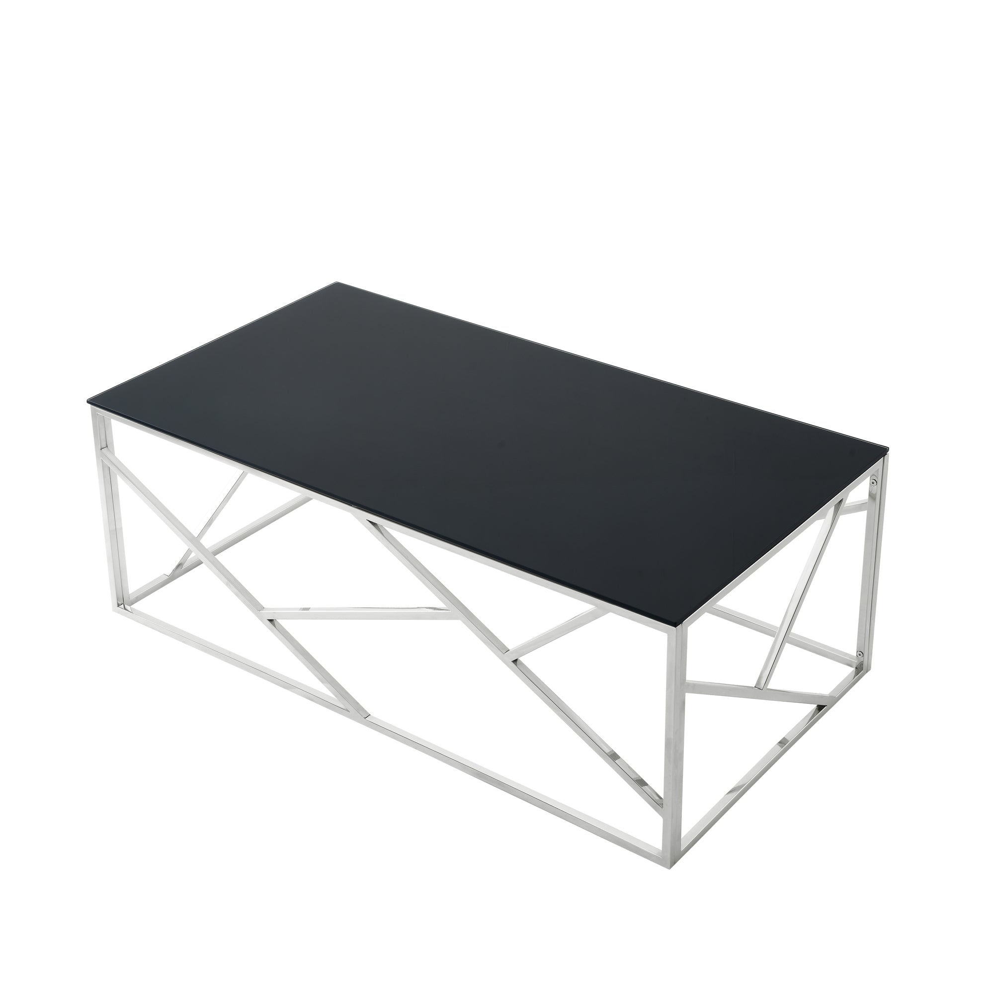 Modern Rectangular Coffee Accent Table with Black Tempered Glass Top and Stainless Steel Frame - Polished Chrome