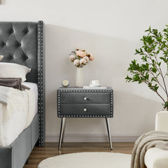 Upholstered Nightstand Classic Silver Rivet Elegant Button Tufted Design with two drawer and metal legs - Grey Velvet