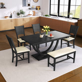 6-Piece Wood Half Round Dining Table Set with Long Bench and 4 Dining Chairs - Grey