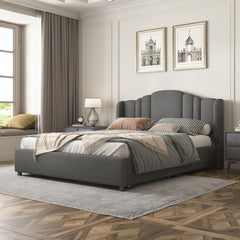 Queen Bed Upholstered Platform with Wingback Headboard and 4 Drawers - Grey