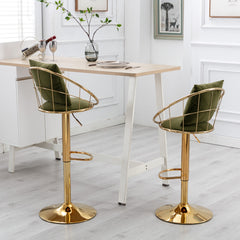 Bar Chair Pure Gold Plated Adjustable Height (Set of 2) - Olive Green Velvet