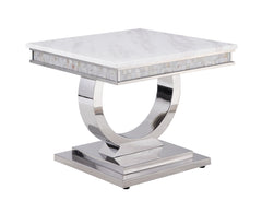 Zander End Table, White Printed Faux Marble & Mirrored Silver Finish