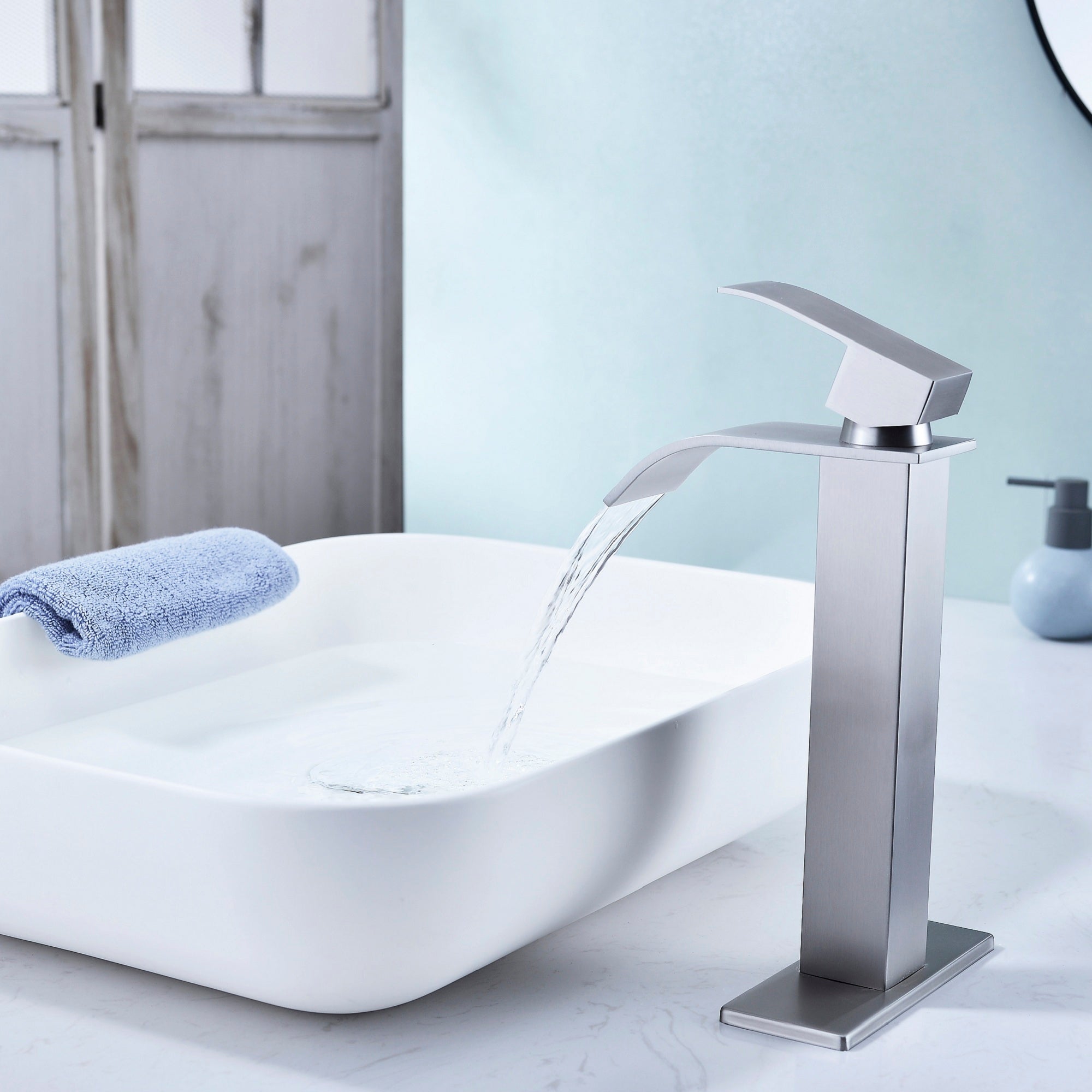 Waterfall Spout Bathroom Faucet, Single Handle Bathroom Vanity Sink Faucet - Brushed Nickel