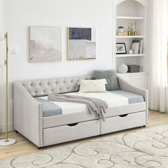 Twin Size Daybed with Drawers Upholstered Tufted Sofa Bed - Beige