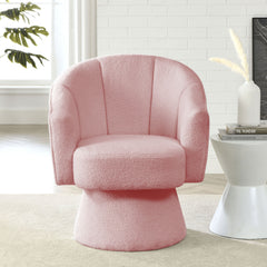 29 "W Petal Modern Contemporary Accent Lounge Swivel Chair with Deep Channel Tufting and Base - Pink Teddy