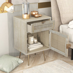 Wooden Nightstand with Rattan Panel, One Drawer, One Cabinet and Metal Feet - Natural