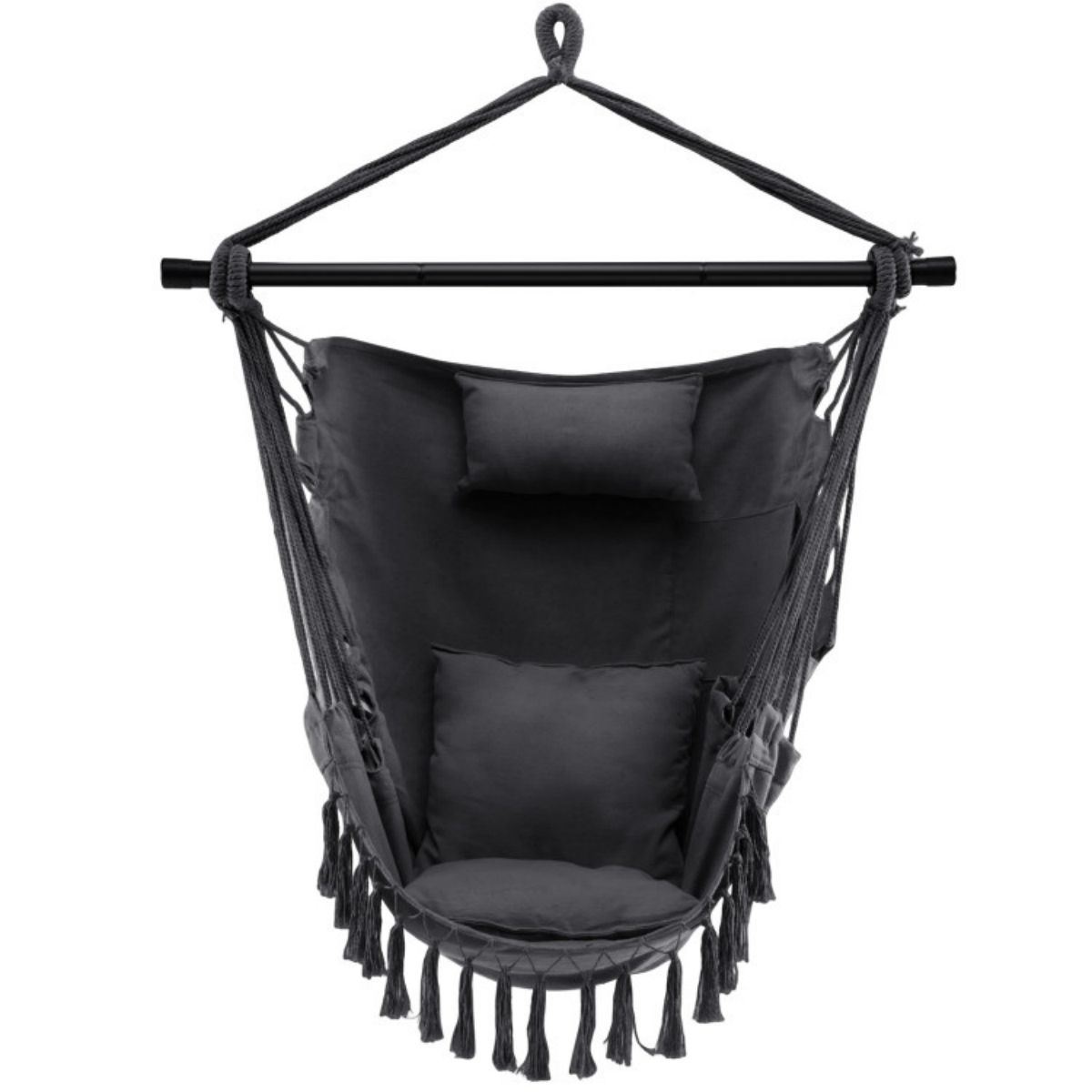 Hanging Rope Swing Chair with Soft Pillow and Cushions - Black