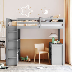 Full Size Loft Bed with Ladder, Shelves and Desk - Gray
