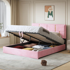 Queen Size Upholstered Platform Bed with Hydraulic Storage System, No Box Spring Needed - Pink