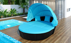 Outdoor rattan daybed sunbed with Retractable Canopy Wicker Furniture, Round Outdoor Sectional Sofa Set, Black Wicker Furniture Clamshell Seating with Washable Cushions - Blue
