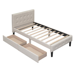 Twin Size Upholstered Platform Bed with 2 Drawers - Beige