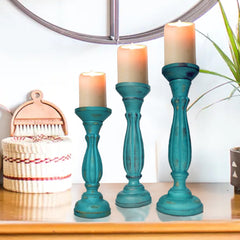 Handmade Wooden Candle Holder with Pillar Base Support (Set of 3) - Turquoise Blue
