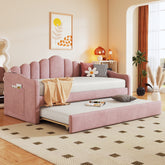 Twin size Upholstered Daybed with Trundle ,Velvet Sofabed with USB Charging Ports, No Box-spring Needed - Pink