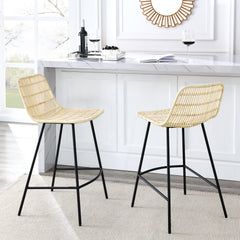 Natural Rattan Indoor Counter Chair, Black Finish Steel Legs (Set of 2)- Natural