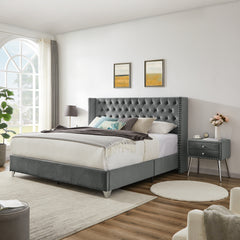 King Bed + 1 Nightstand - Button designed Headboard