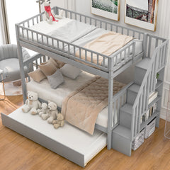 Twin over Twin Bunk Bed with Trundle and Storage -  Gray