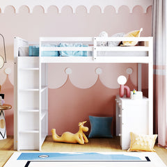 Full Size Loft Bed with Ladder, Shelves and Desk - White